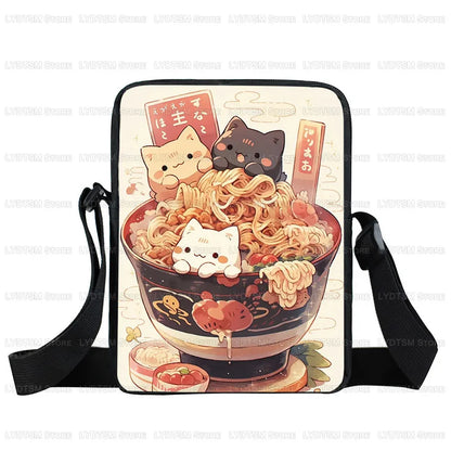 Japanese Black Cat Eating Ramen Print Crossbody Bag Women Shoulder Bag for Travel Phone Wallet Holder Teenager Messenger Bags