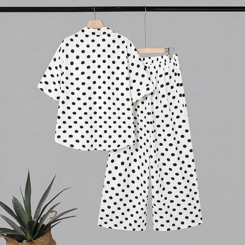 Elegant Women OL Work  Pants Sets ZANZEA Summer Lapel Neck Short Sleeve Shirt Trousers Suit Stylish Polka Dots Outfits 2 Pieces