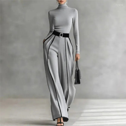 Women Long Sleeve Knit Pullover Two-Piece Set Elegant High Neck Slim Top+Wide leg Pants Spring Autumn new Outfit Suit
