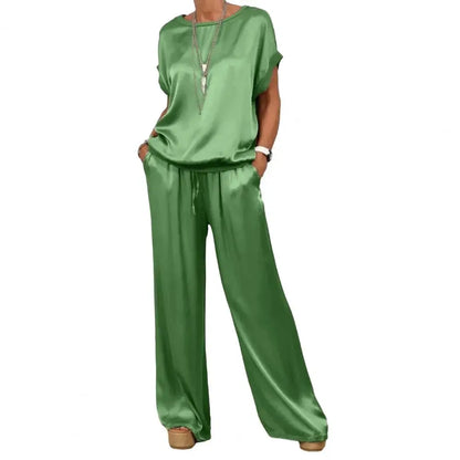 Simple Satin Women's Suits Summer Fashion Short Sleeve Loose Blouse Wide Leg Pants Two Piece Set For Women Casual Outfits