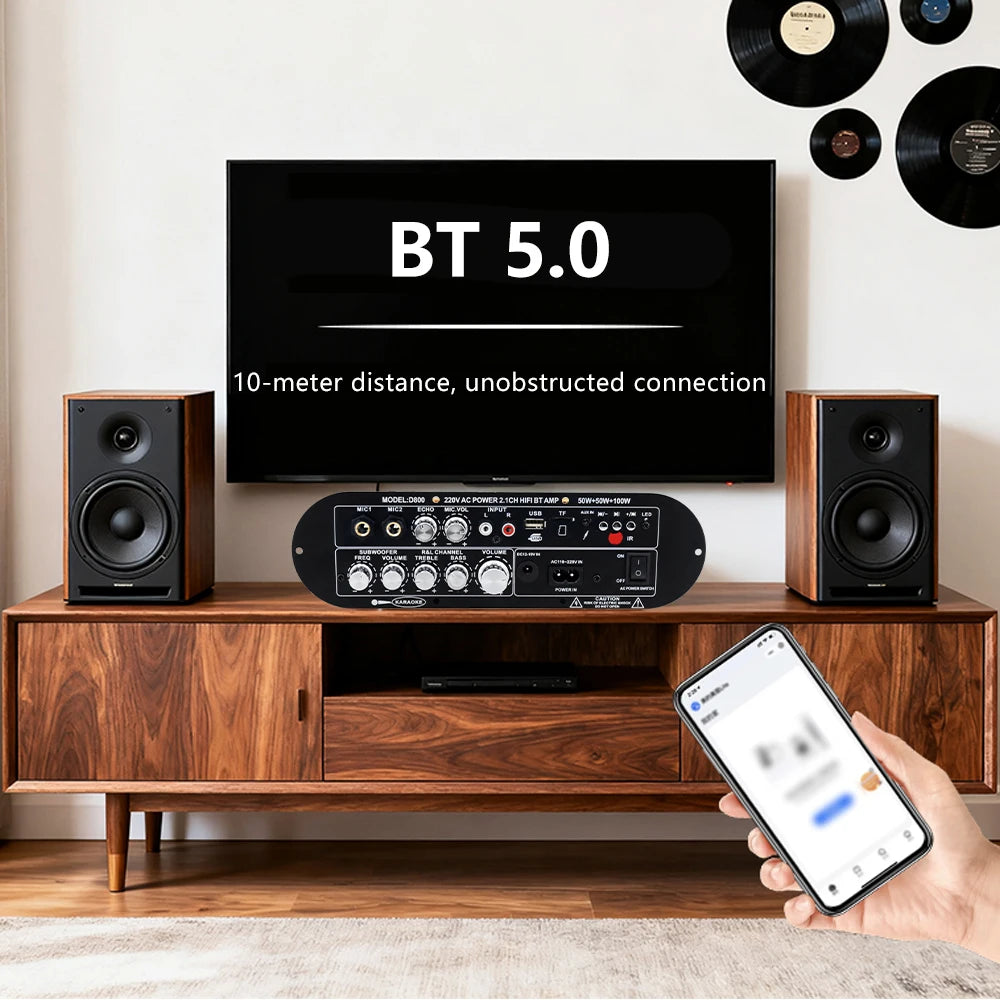 D800 Bluetooth 5.0 Digital Amplifier Board 2.1 Channel 50W+50W+100W HiFi Subwoofer Audio AMP for Home and Outdoor Sound Systems
