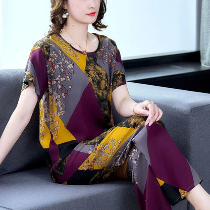 Women Summer Sets NEW Middle Aged Elderly Mother Cotton Silk Suit Casual Print Short Sleeve Top + Pants 2 Piece Set Femme Outfit