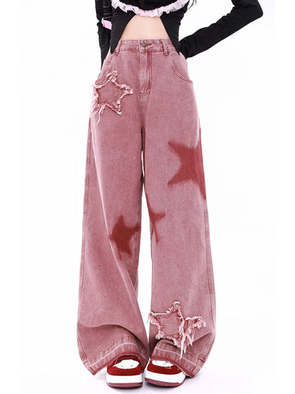 Women Streetwear Pink Jeans Vintage Star Print High Waisted American Retro Wide Leg Denim Pants Hip-hop Straight Y2K Trousers