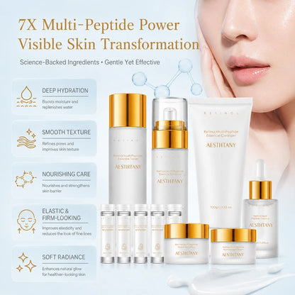 7PCS Retinol Multi-Peptide Skincare Set Hydrating Face Care Routine Gift Box Toner Cleanser Essence Cream Mask for Smooth Glow