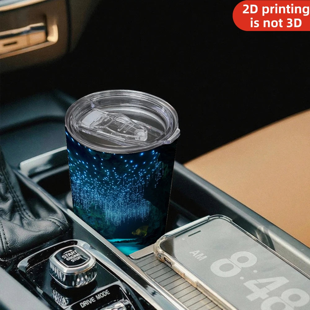20oz Glowworm Cave Printed Stainless Steel Tumbler with Lid and Straw, Bioluminescent Underground River Blue Glow Landscape Vacuum Insulated Travel Coffee Mug Gifts for Nature Lovers