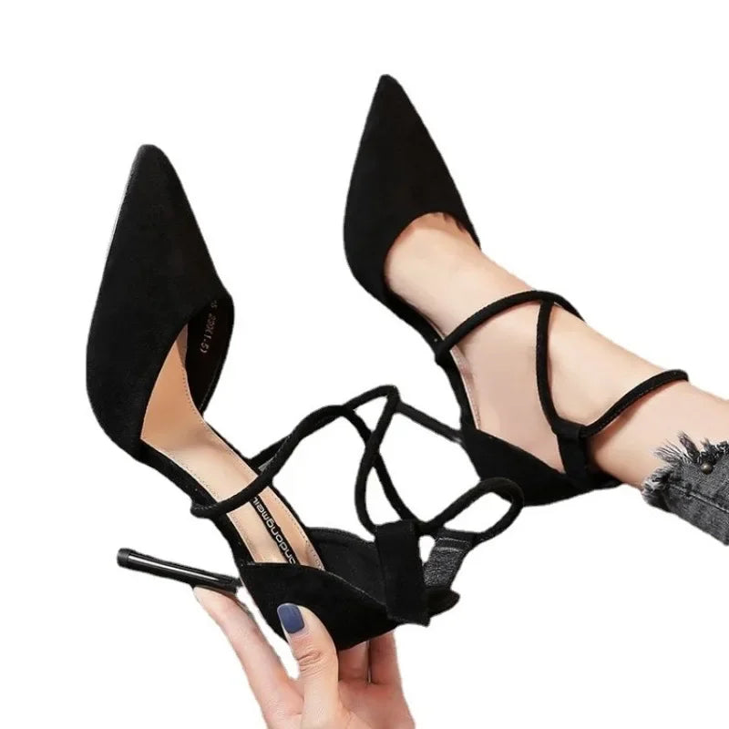 New Cross-strap Roman Sandals Suede High Heels Women's Shoes One-line Buckle Fine Heel Pointed Sandals Zaptos Mujer