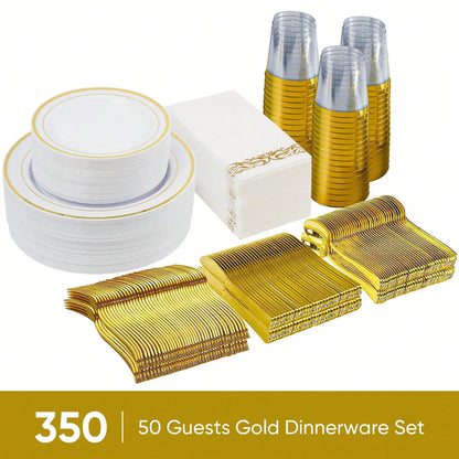 Disposable Dinnerware Set Elegant Luxury White Gold Rim Plastic Plates Gold Cutlery Cups Napkins 350 Pcs Serves 50 Guests Heavy Duty Party Tableware Set For Wedding Birthday Party Catering Showe