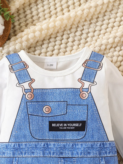 Spring Autumn Baby Boys 1-6M Faux Denim Overalls Print Long Sleeve Onesie Newborn Casual Daily Romper