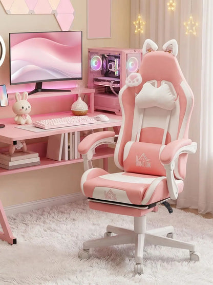 HOMCOM Racing Gaming Chair with Cat Ears, Reclining Faux Leather Computer Chair with Footrest, Lumbar Support and Headrest, Height Adjustable Gamer Chair with Swivel Seat and Wheels, Pink