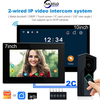 ANJIELO 2‑Wire Video Intercom Doorbell System 1080P Visiophone for Home Metal Door Phone,Support IP Camera,Tuya Smart Security V