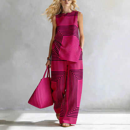 2026 New Women's Summer Fashion Casual Sets Loose Striped 2 Piece Set Sleeveless Vest Tops High Waisted Wide Leg Pants Suits For