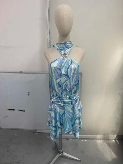 Irregular Satin Printed Sets Halter Neck Lace-up Tank Top Asymmetric Midi Skirt 2 Pieces Set 2026 Summer Casual Vacation Outfits