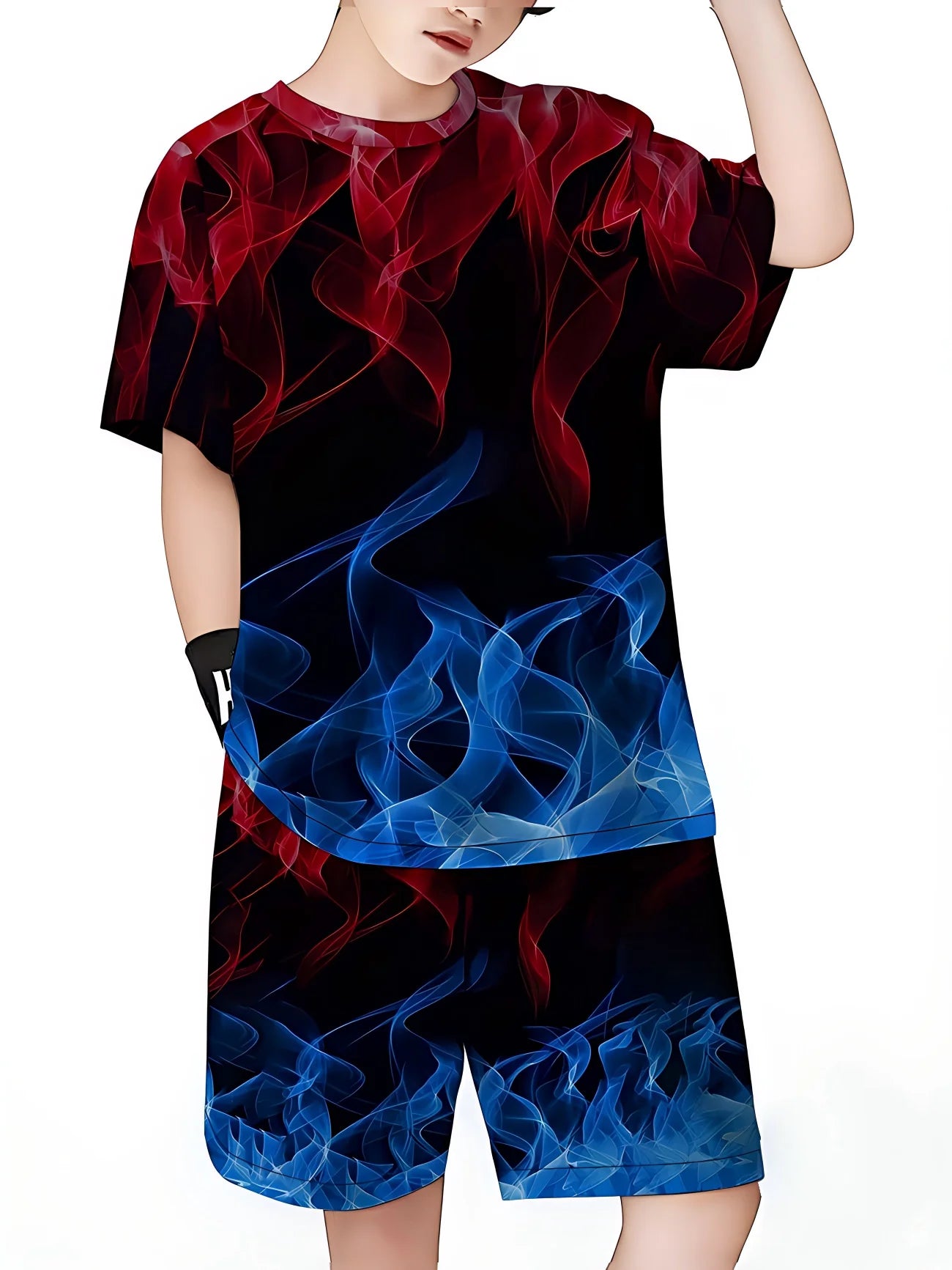 Summer Outfit Blue Flame Print Short Sleeve T-Shirt + Shorts Set Black Casual Sportswear Kids Streetwear Tracksuit