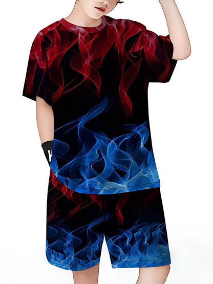 Summer Outfit Blue Flame Print Short Sleeve T-Shirt + Shorts Set Black Casual Sportswear Kids Streetwear Tracksuit