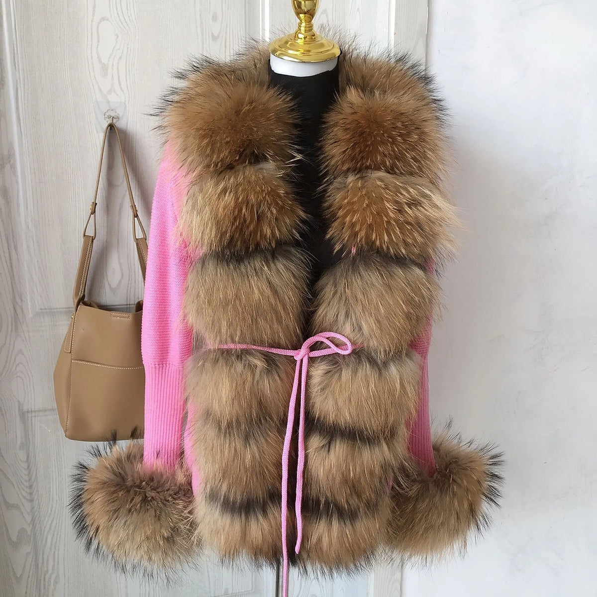 Women's Real Fox Fur Cardigan Jacket Spring and Autumn with Knitted Sweaters and Real Fox Fur Collar Women Raccoon Fur Cardigan