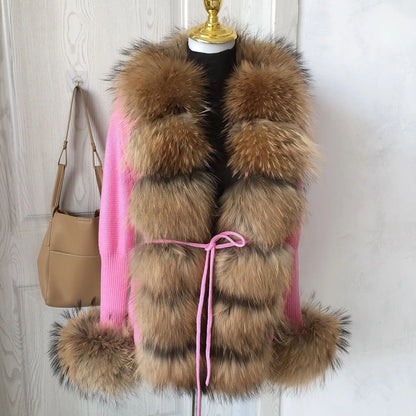 Women's Real Fox Fur Cardigan Jacket Spring and Autumn with Knitted Sweaters and Real Fox Fur Collar Women Raccoon Fur Cardigan