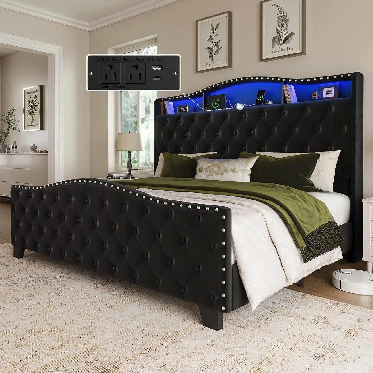 King Size Platform Bed Frame with 50.9" LED Headboard, Beige, Custom