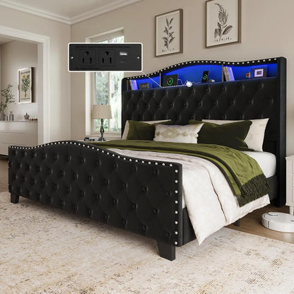 King Size Platform Bed Frame with 50.9" LED Headboard, Beige, Custom