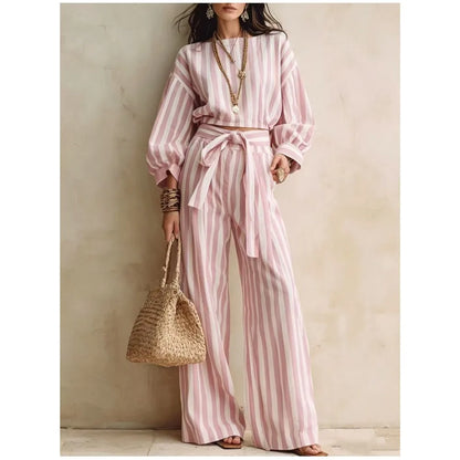 Women New Striped Long-sleeved Shirts Trousers 2piece Set Fashion Casual Ultra-short Top Waisted Lace-up Loose Wide-leg Long Set