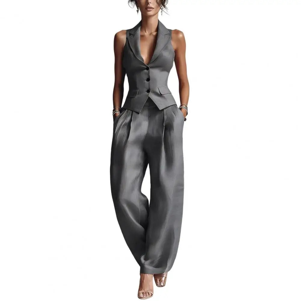 Women Outfit Women Two-piece Suit Women's Summer Two-piece Set Button-down Vest Wide Leg Pants Matching Outfit Business Workwear