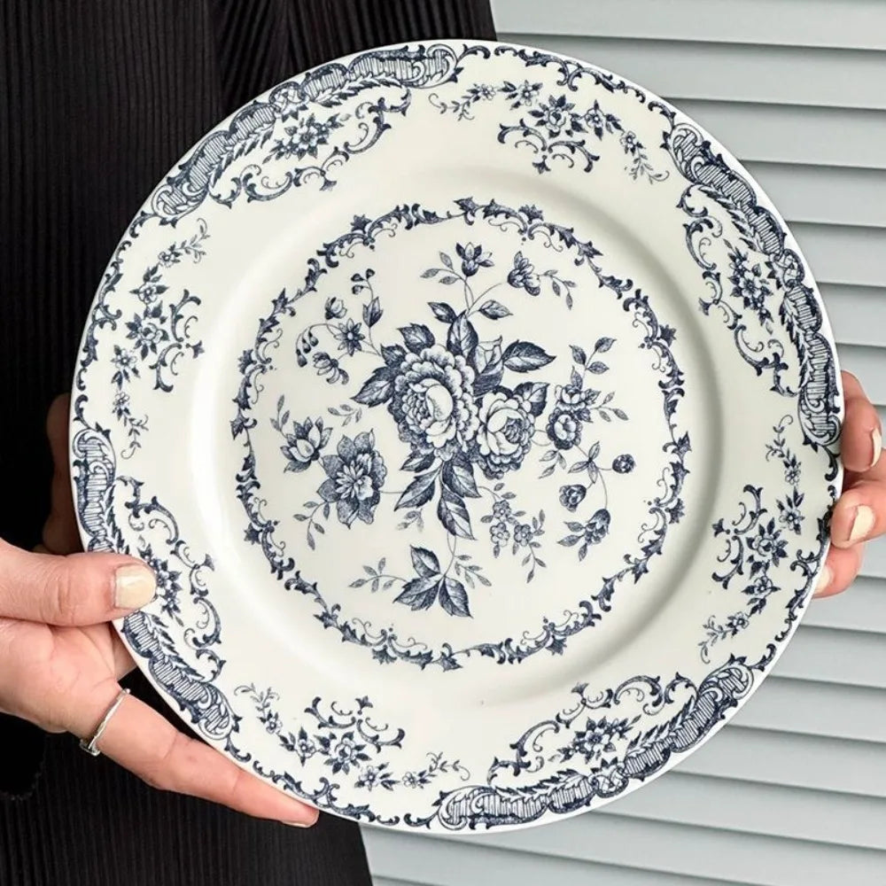 Dinner Set Retro Nordic Flower Pattern Disc Round Ceramic Dinner Plate Exquisite Light Luxury Shallow Plate Hotel