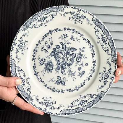 Dinner Set Retro Nordic Flower Pattern Disc Round Ceramic Dinner Plate Exquisite Light Luxury Shallow Plate Hotel