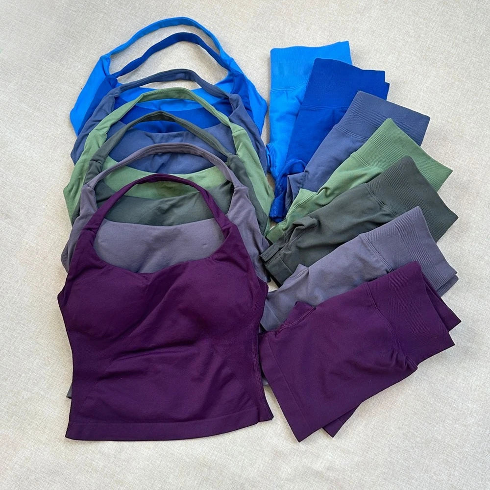 VEQKING Seamless 2pcs Women Yoga Sets Open Back Longline Sports Halter Bras Running Tank Tops Scrunch Butt Gym Workourt Shorts