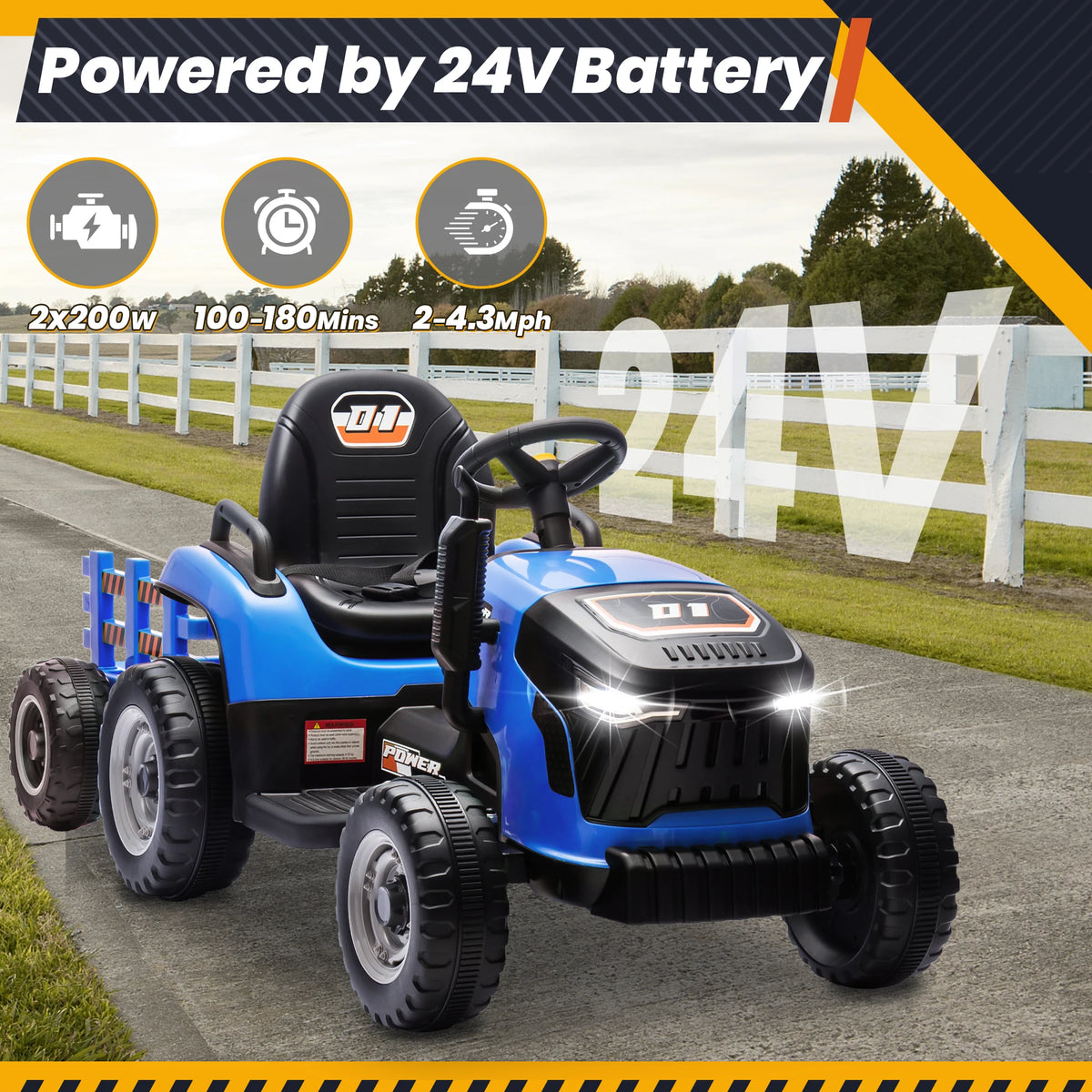 24V Ride On Tractor for Kids, Electric Ride On Toys W/400W Motors, Tiltable & Detachable Trailer, Adjustable Seat, Bluetooth, Mu
