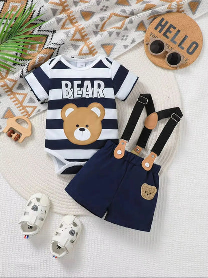 Baby Boy Spring Summer Outfit Set Cute Cartoon Letter Bear Print Striped Short Sleeve Onesie with Bear Decorated Overalls Shorts