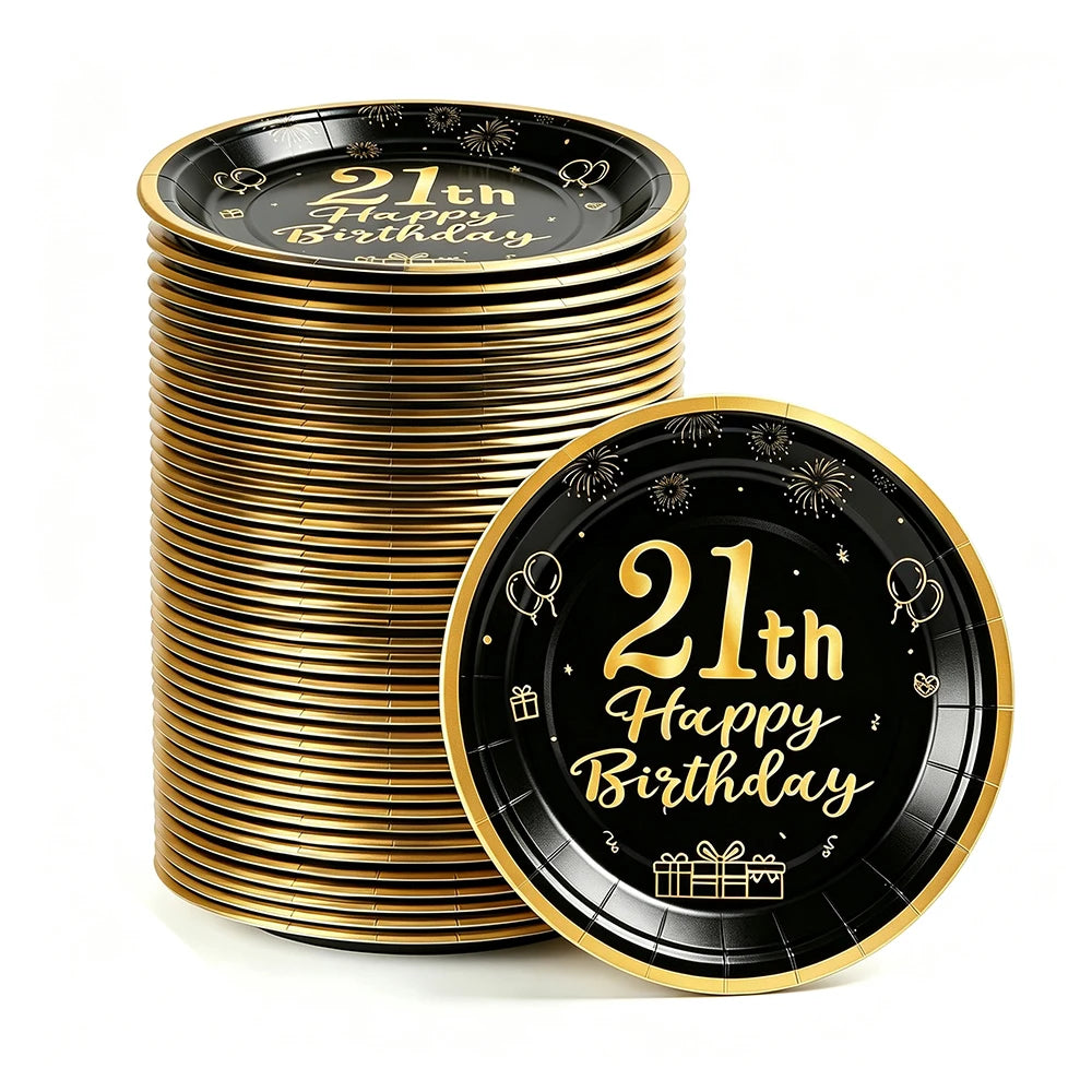8-40pcs Men Women Adult 18th 30th 40th 50th 60th Birthday Party Decoration Supplies Black Gold Disposable 7/9inch Paper Plates