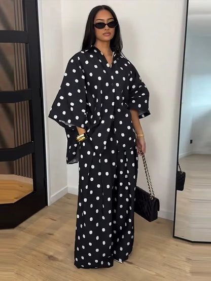 2026 Autumn Summer Polka Dot Shirt Pants Women Set Elegant Lapel Three Quarter Top Wide Leg Trousers Vacation Lady Outfit Suits