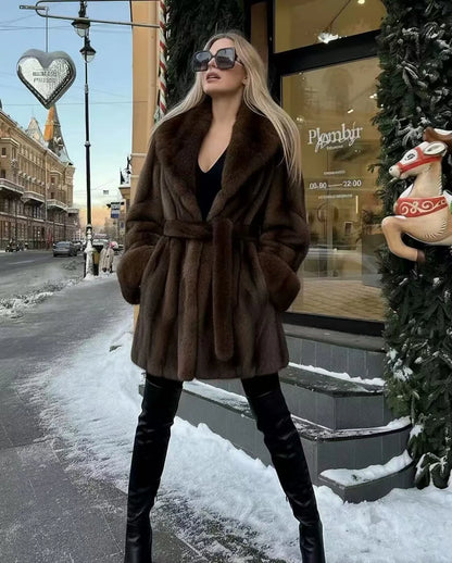 2026 Autumn Winter Women Faux Mink Fur Coat Wrap Lapel Collar Belted Mid Length Jacket Brown