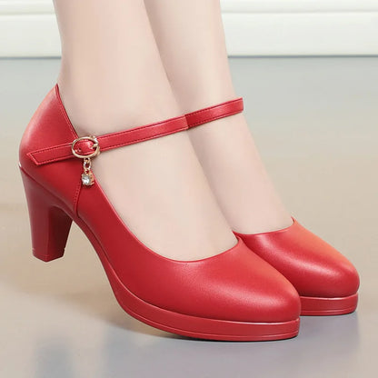 Fashion Soft Leather Silver Red Wedding Shoes Women Mid heel Black Heels Platform Pumps Women for Office high heels Shoes Large