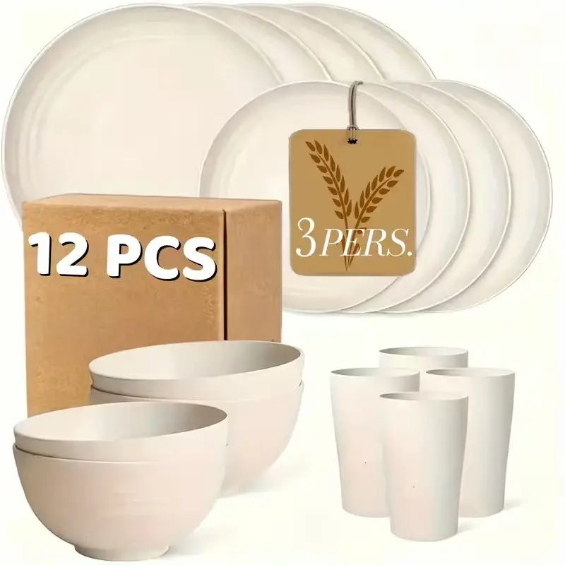 12pc Black Wheat Straw Dinnerware Sets - Dishes, Reusable Plastic Plates, Dishwasher And Microwave Plates And Bowls Sets, Bowls, Drinking Cups, Plastic Dishes For Camping, Party