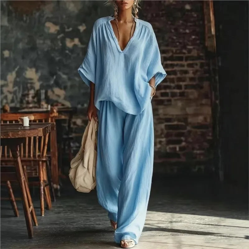 Women's Fashion Simple Casual White Two Piece Sets Spring Summer V Neck Short Sleeve Loose Top & Wide Leg Pants Vacation Set