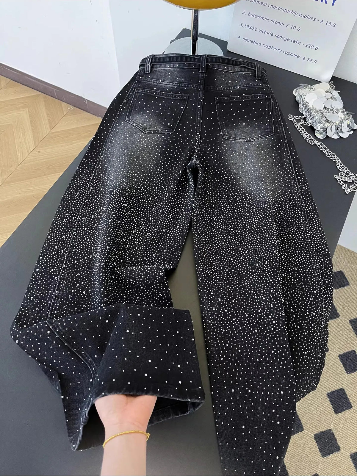 Glittering Rhinestone Denim Pants Women's Jeans New Wide Leg Design Sensation Floor-Length Pants Loose Jeans