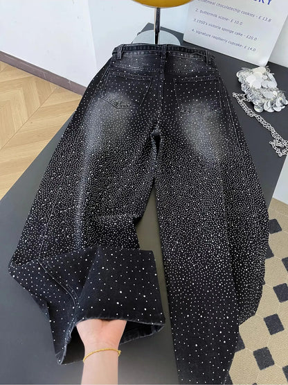 Glittering Rhinestone Denim Pants Women's Jeans New Wide Leg Design Sensation Floor-Length Pants Loose Jeans