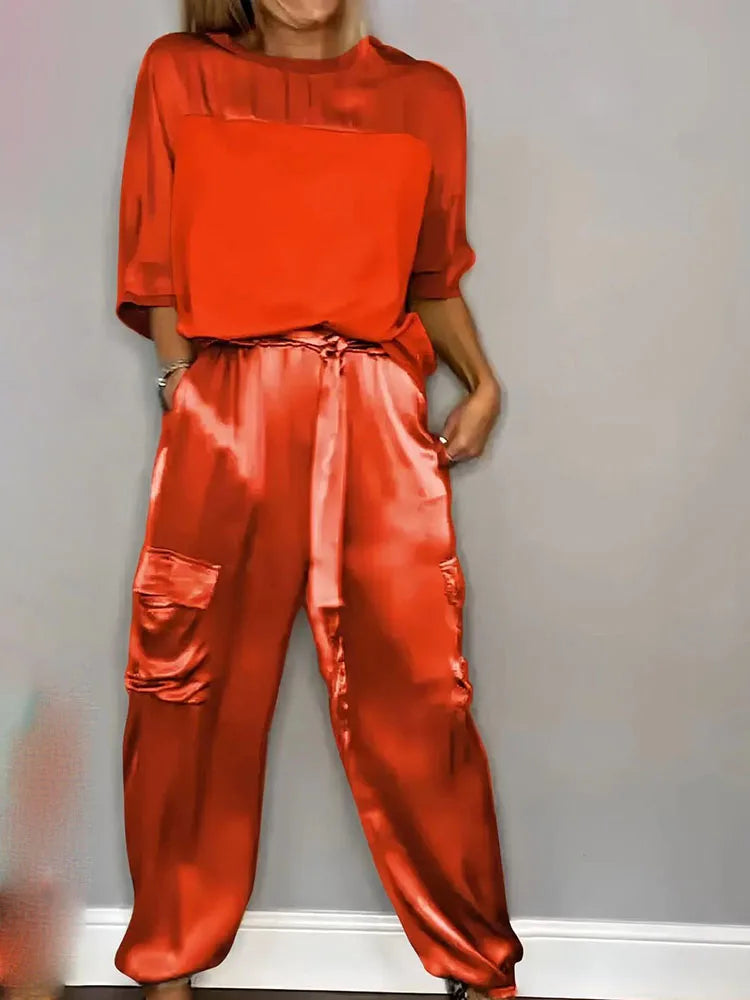 Women's Summer Fashion Solid Satin Two Piece Set Women O Neck Long Sleeved Top Long Pants Casual Loose 2 Piece Set Women Clothes
