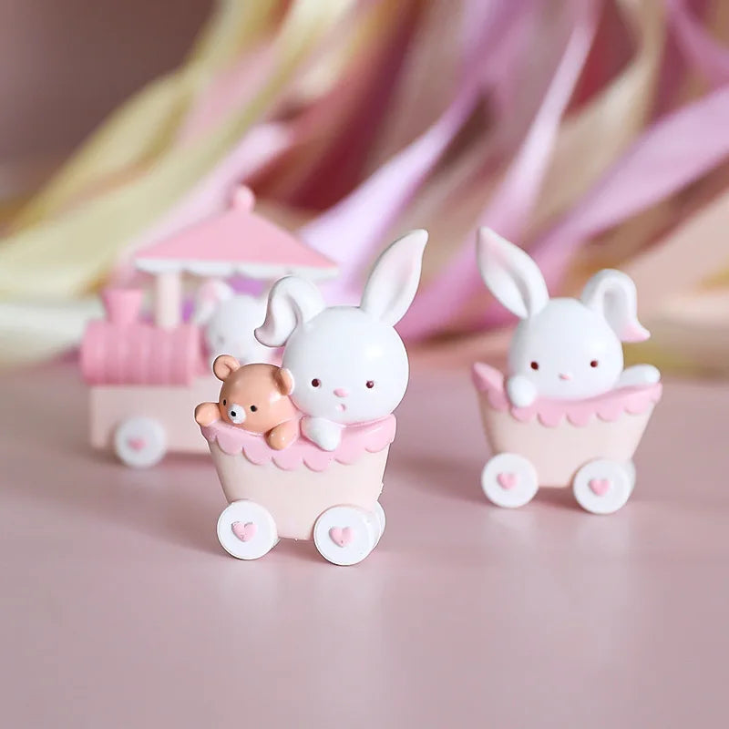 1set Pink Bunny Train Cake Topper Cartoon Rabbit Bear Doll Cake Decor Girls Birthday Party Decoration Baby Shower Supplies