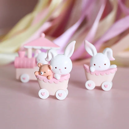 1set Pink Bunny Train Cake Topper Cartoon Rabbit Bear Doll Cake Decor Girls Birthday Party Decoration Baby Shower Supplies