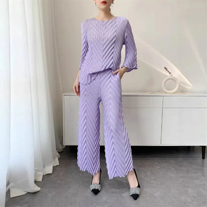 2026 Spring New Women Handmade Pleated Pants Set Comfortable Casual Seven Sleeve T-Shirt Top Loose Wide Leg Pants 2 Piece Set