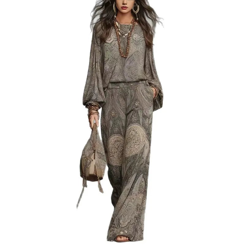 Boho Women 2‑Piece Outfit Vintage Paisley Print Long‑Sleeve Blouse High Waist Wide‑Leg Pants Casual Vacation Matching Set