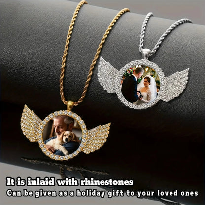 Custom Angel Wing Round Photo Necklace -Personalized Unforgettable memories Picture Pendant Jewelry Perfect for Anniversary Gift