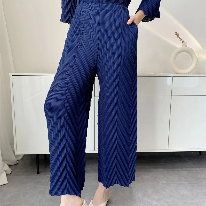 2026 Spring New Women Handmade Pleated Pants Set Comfortable Casual Seven Sleeve T-Shirt Top Loose Wide Leg Pants 2 Piece Set