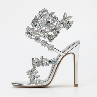 Bling Luxury Crystal Butterfly Flowers Decor Women Gladiator Sandals Fashion Summer High Heels Wedding Banquet Shoes Sandalias