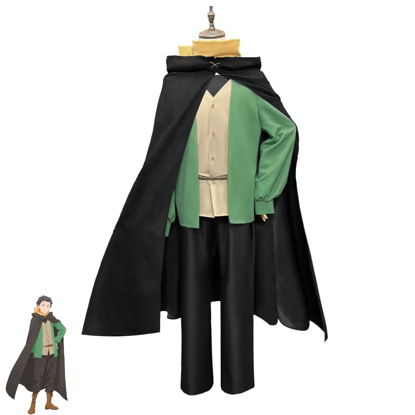 Natsuki Subaru Cosplay Costume Anime Re:Life in A Different World From Zero Black Cape Green Shirt Pants Set Christmas Halloween