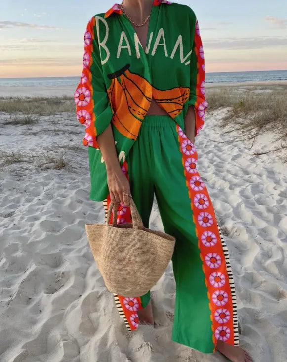 Fashion Print Beach Holiday 2-Piece Set Women Spring Summer Long Sleeve Shirt Top + Wide Legs Women's Oversized Two-Piece Outfit