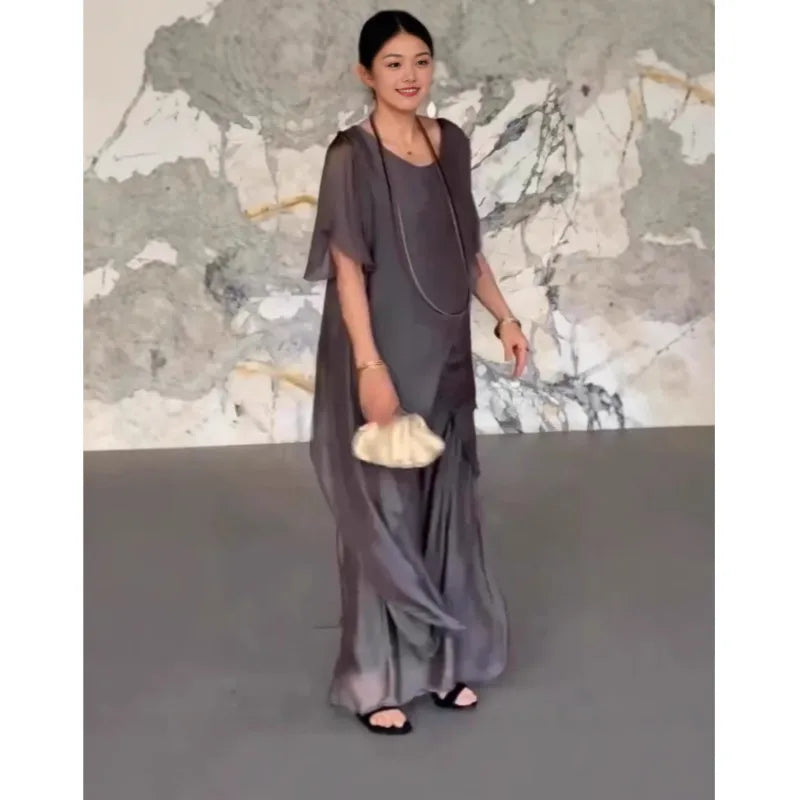 Women Summer Chiffon Pant Sets Short Sleeve Solid Irregular Splicing Long Blouse Wide-leg Pants Casual Loose Trousers Suits Robe
