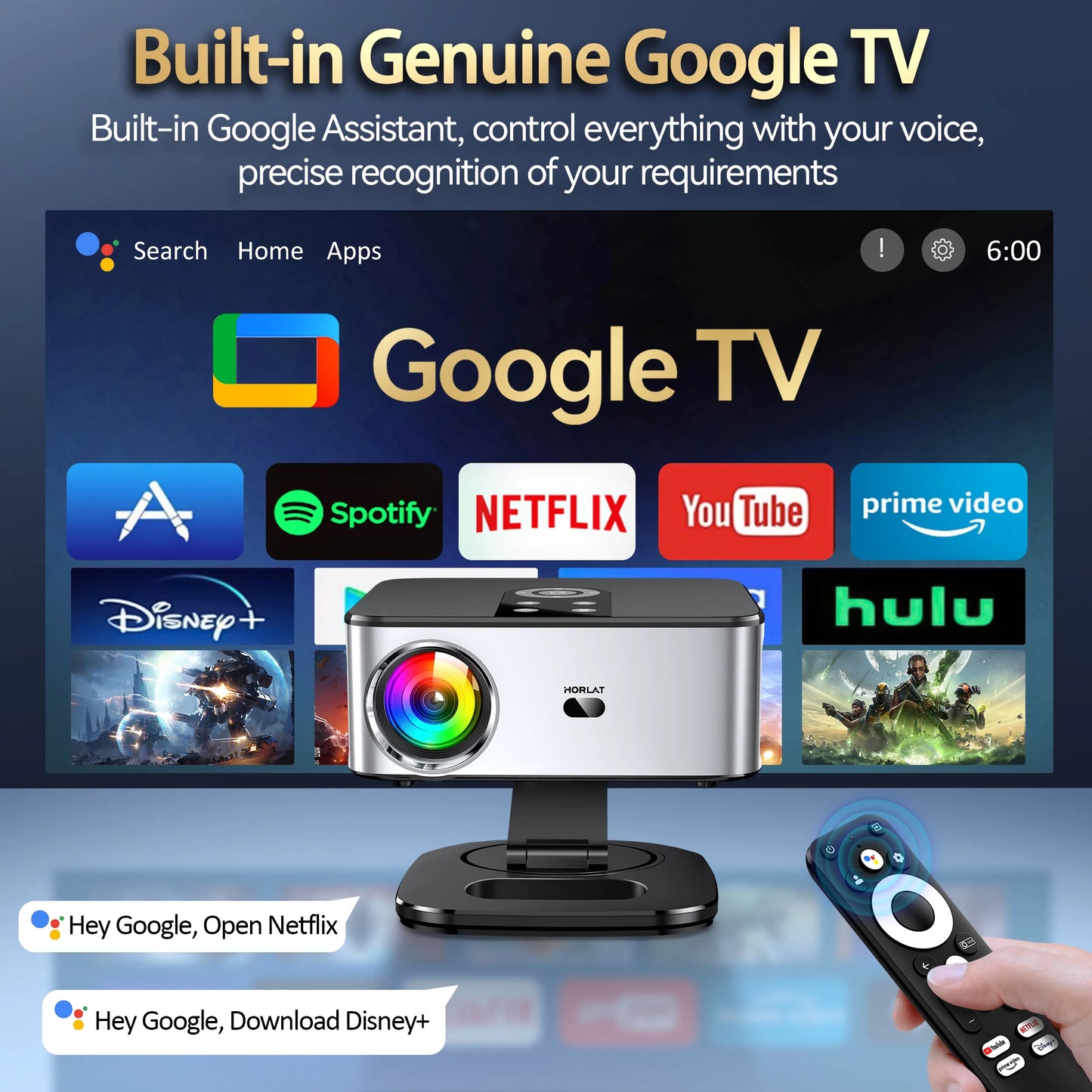 HORLAT Official Google TV Projector 2000ANSI Bluetooth Voice Control Auto Focus WiFi 6 4K HD Beamer Home Theater Movie Projector