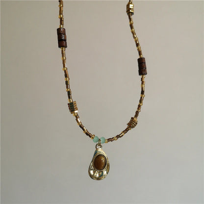 Vintage Leather Brown Stone Sun Pendant Beaded Choker Clavicle Chain Necklace For Women Unique Y2K Personalized Grunge Jewelry